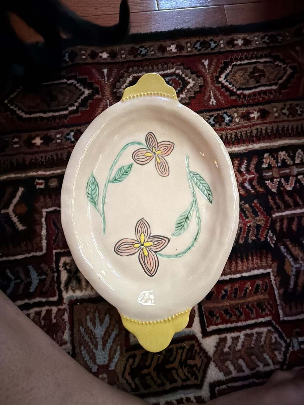 Vintage Hand-Painted Italian Pottery Oval Serving Platter with Floral Motif and
